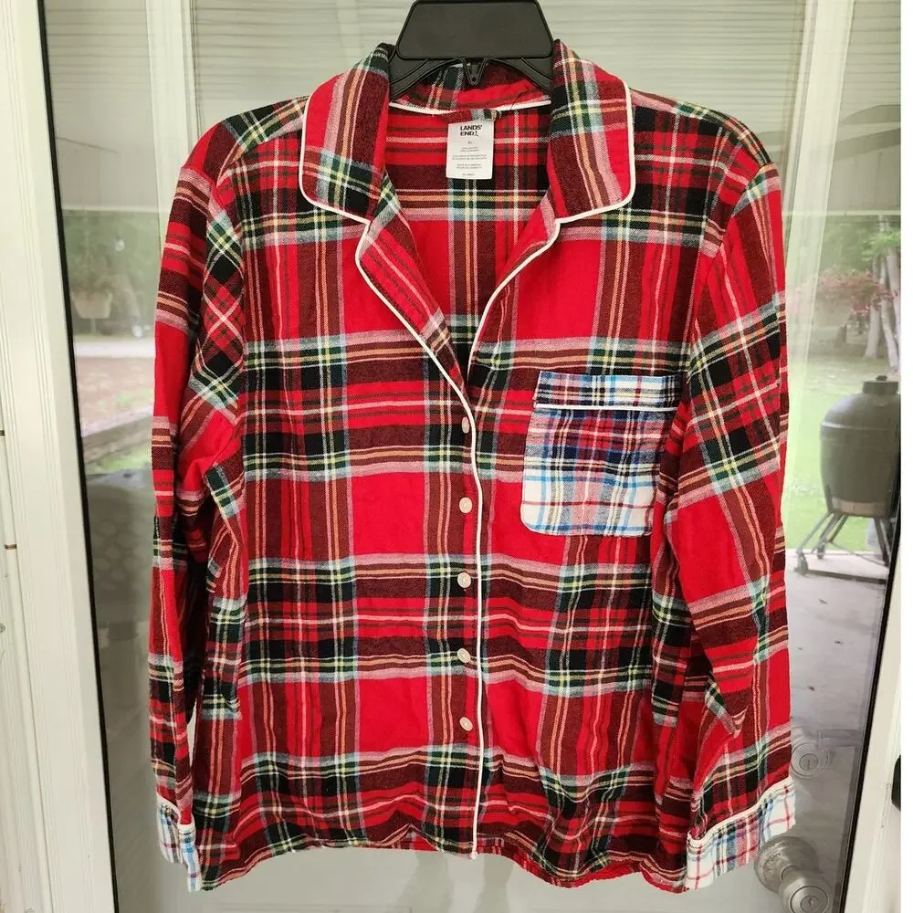 Lands' End Womens XLarge 100% Cotton Flannel Red Plaid Pajama Set Pockets